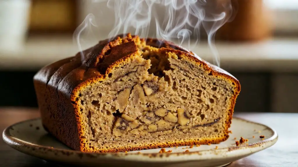 Sliced banana bread on a ceramic plate