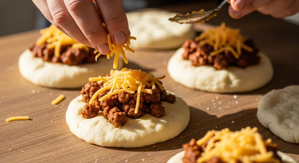Filling the Biscuits of garlic parmesan cheeseburger bombss