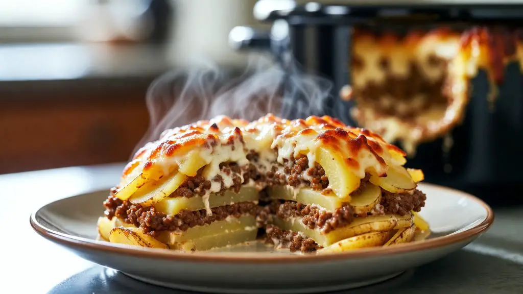 Finished Dish of crockpot hamburger potato casserole