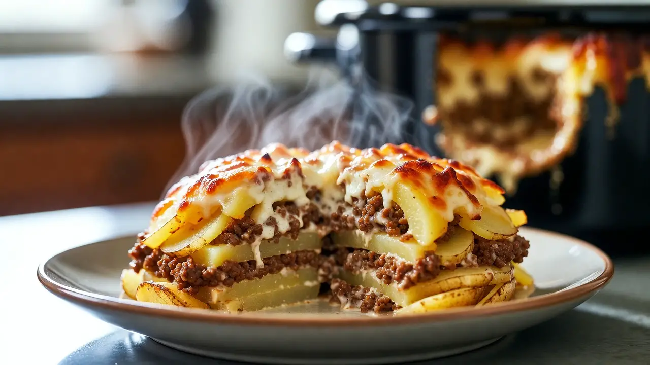 Finished Dish of crockpot hamburger potato casserole
