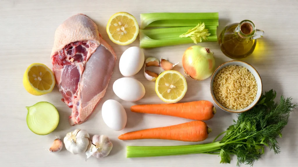 Ingredients for Greek lemon chicken soup