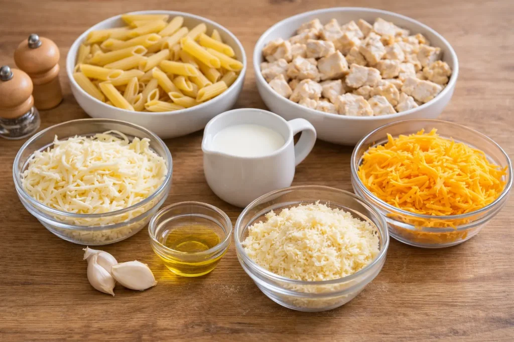 Ingredients image of cheesy chicken pasta bake