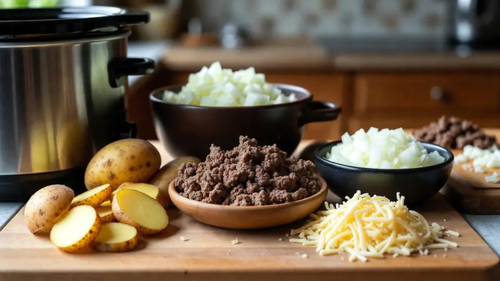 Layering in Crockpot of crockpot hamburger potato casserole