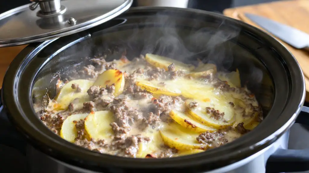 Mid-Cooking Progress of crockpot hamburger potato casserole