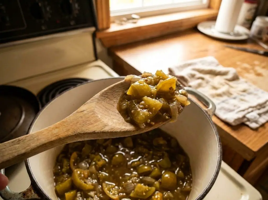 Finished green tomato chow chow on a spoon.