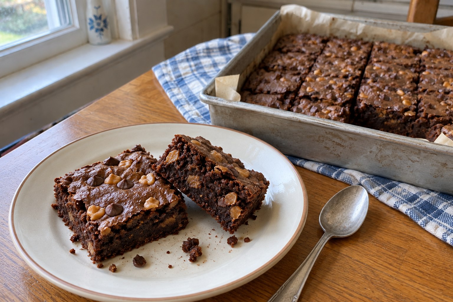 Homemade toffee brownies by the window