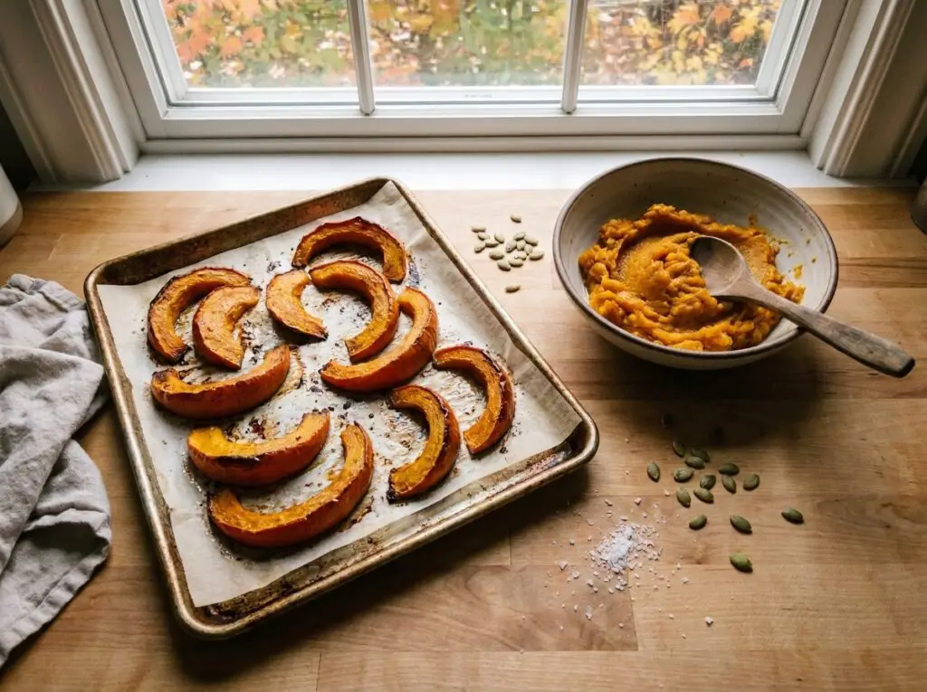 Roasted pumpkin being prepared for homemade pie filling