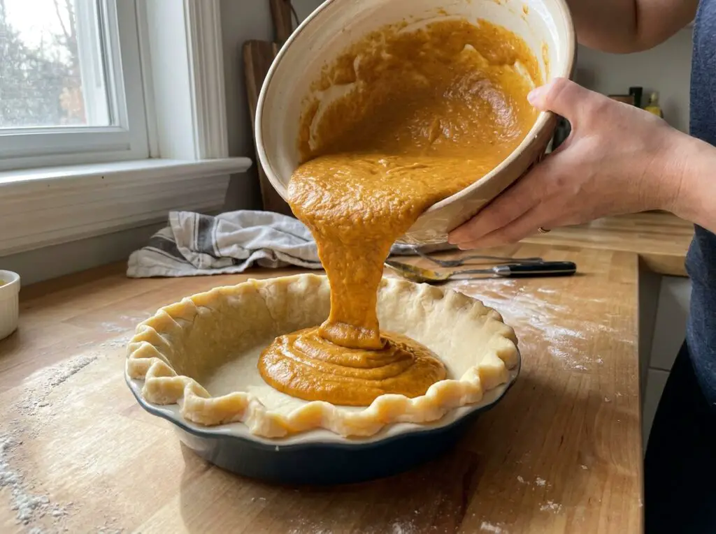 Pouring pumpkin filling into an unbaked pie crust