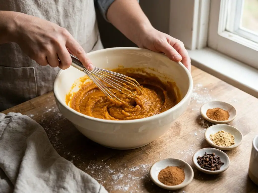 Mixing pumpkin pie filling with warm spices